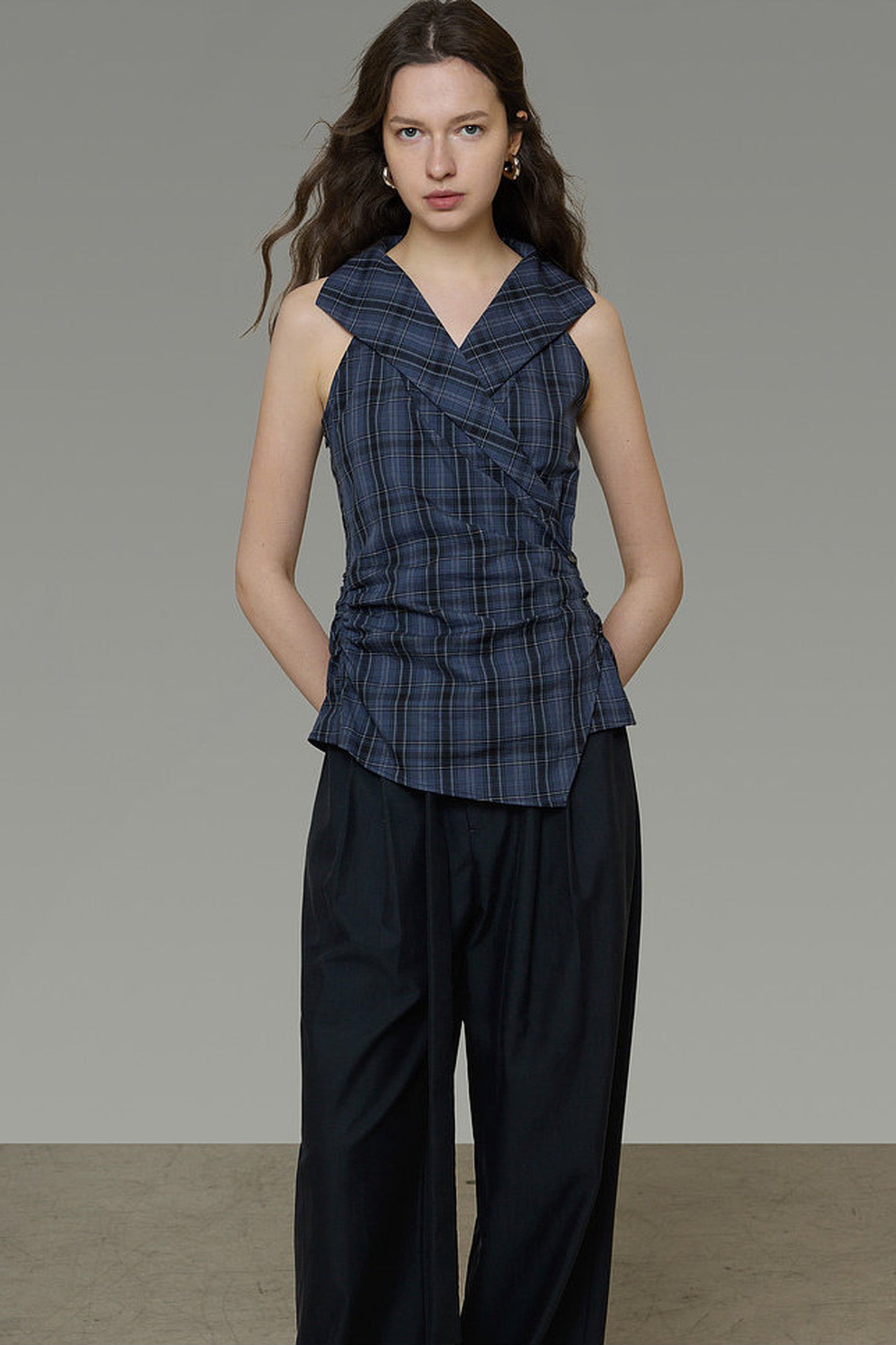 Navy Plaid Pleated Top
