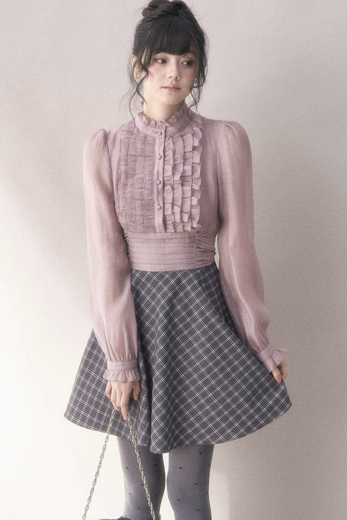 Gray-Purple Plaid Layered Pleated Stand-Collar Dress