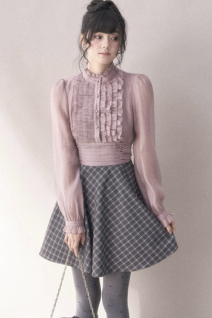 Gray-Purple Plaid Layered Pleated Stand-Collar Dress