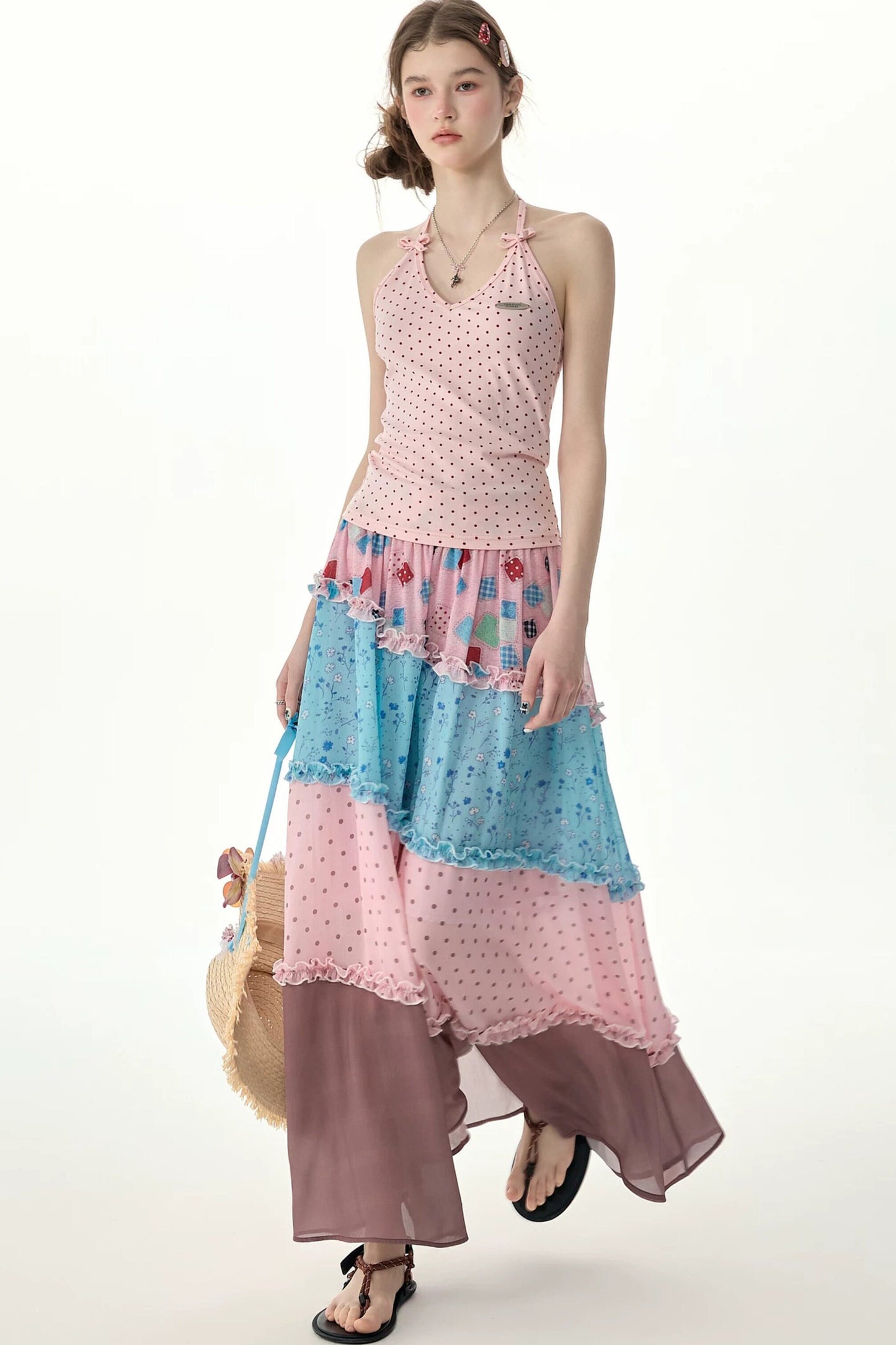 Pink Floral Polka Dot Tiered Maxi Skirt