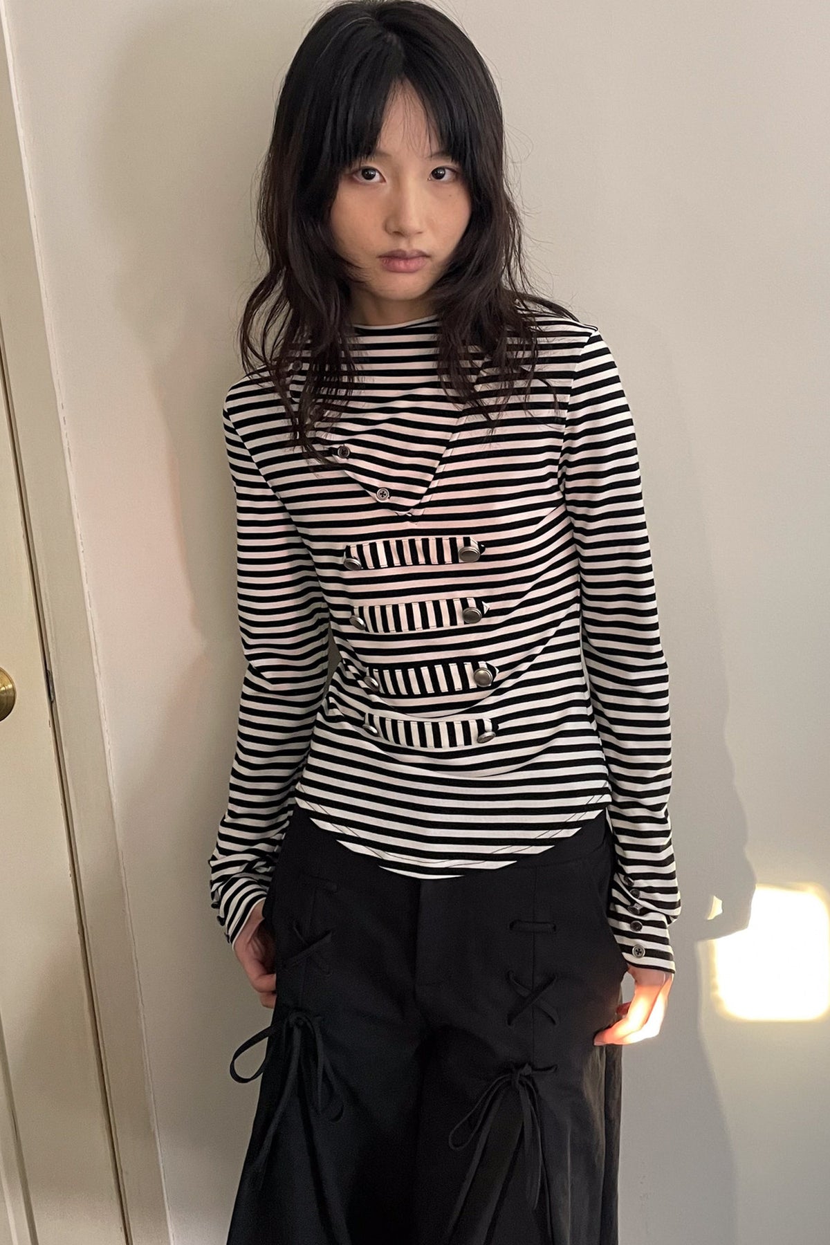Metal Buckle Striped Knit Hood Top