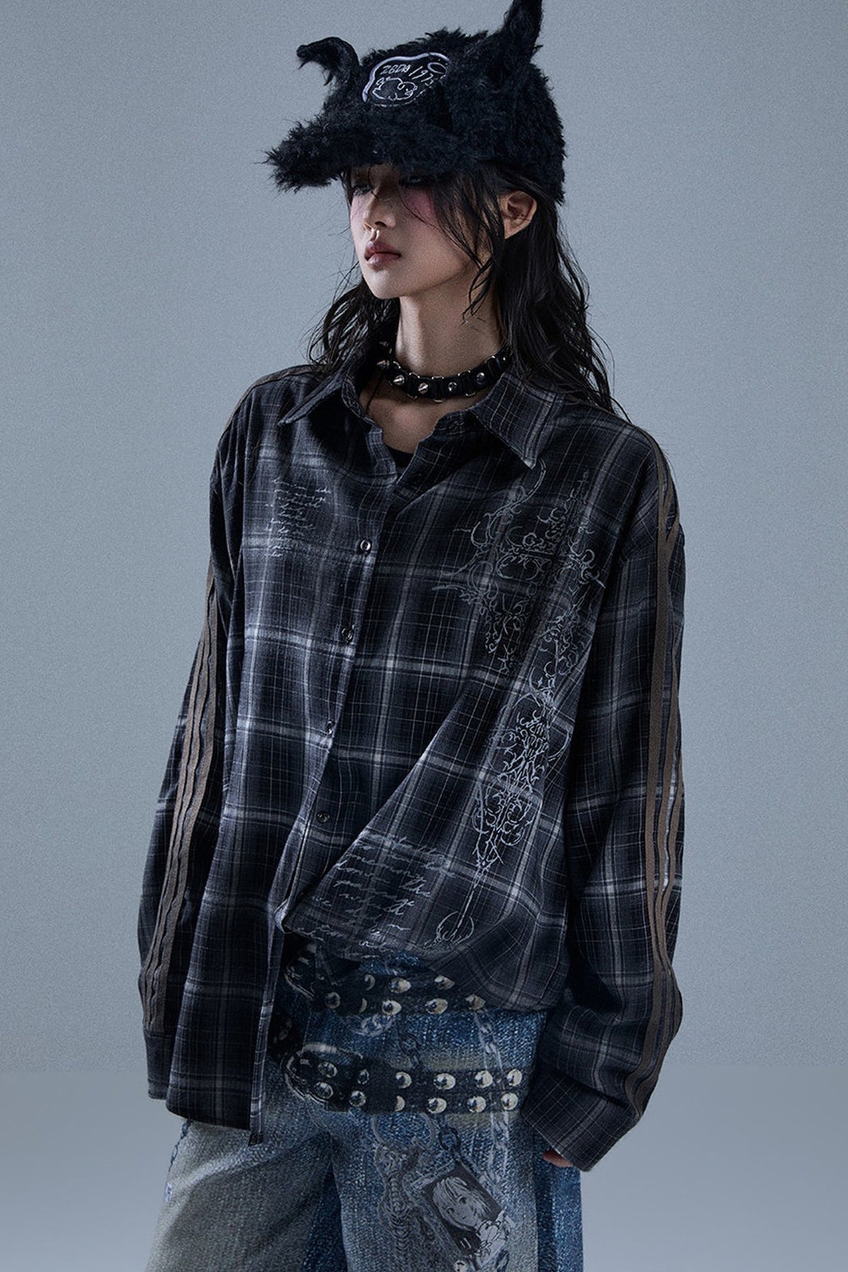 Long-Sleeved Striped Patchwork Plaid Shirt