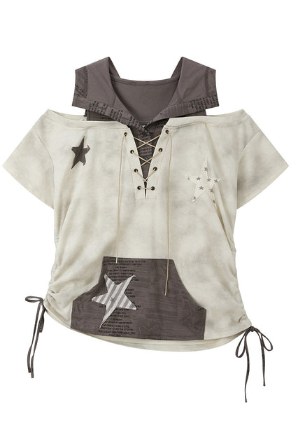 Short-Sleeved Hooded Drawstring Star Top