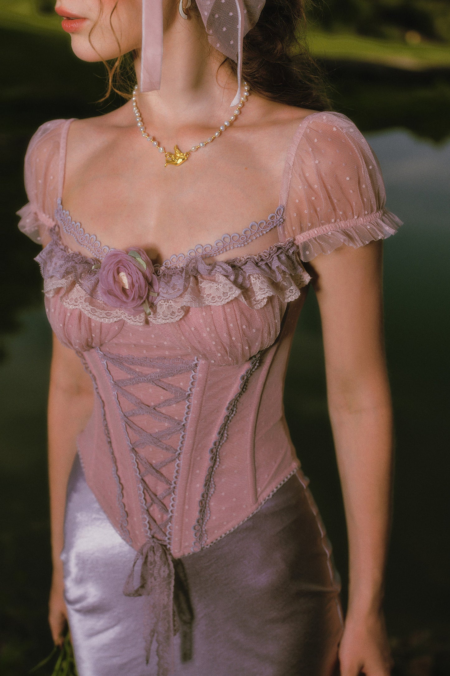 Purple Floral Fishbone Corset Camisole and Satin Skirt Set-Up