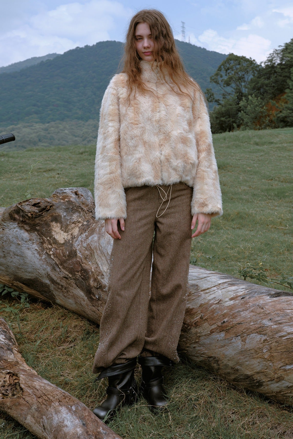 High-Waisted Loose Beaded Patchwork Wool Tweed Pants