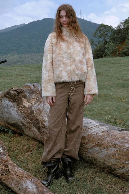 High-Waisted Loose Beaded Patchwork Wool Tweed Pants