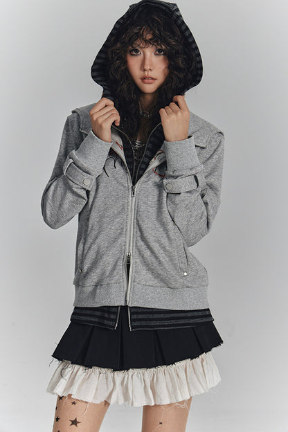 Striped Embroidered Knit Hooded Jacket
