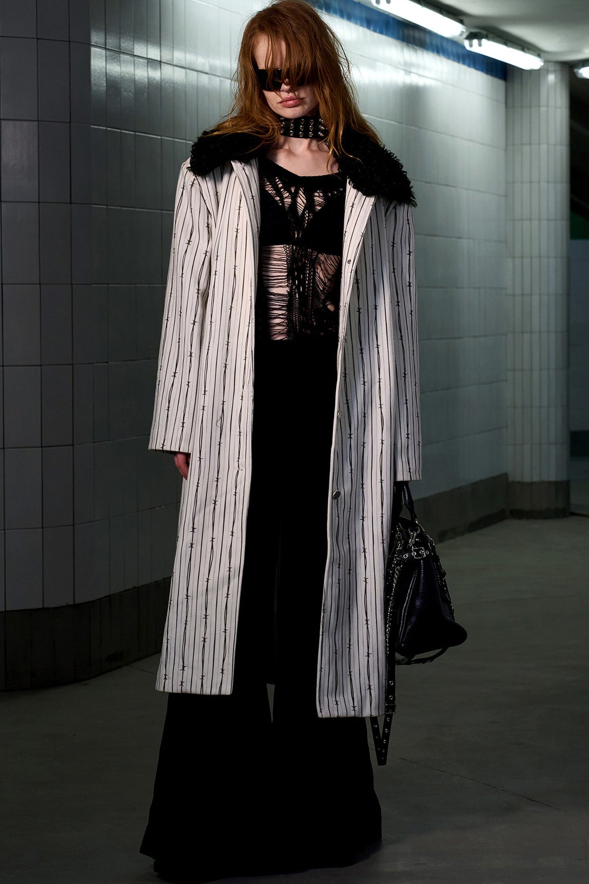 Patchwork Stripe Fur Collar Coat