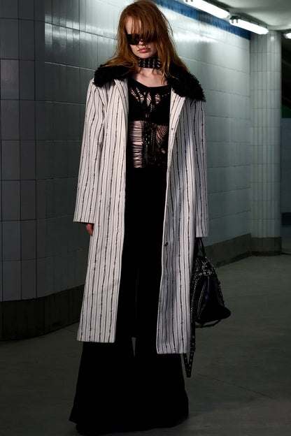 Patchwork Stripe Fur Collar Coat