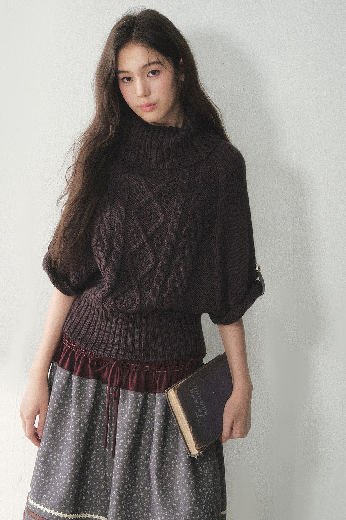 Berry Purple High-Neck Wool Knit Cape