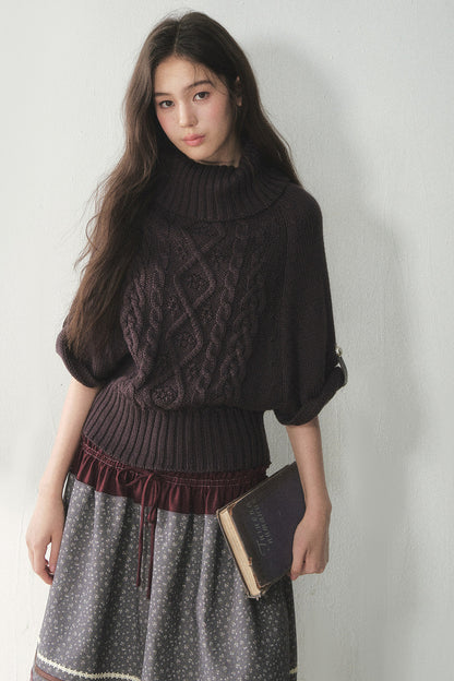 Berry Purple High-Neck Wool Knit Cape
