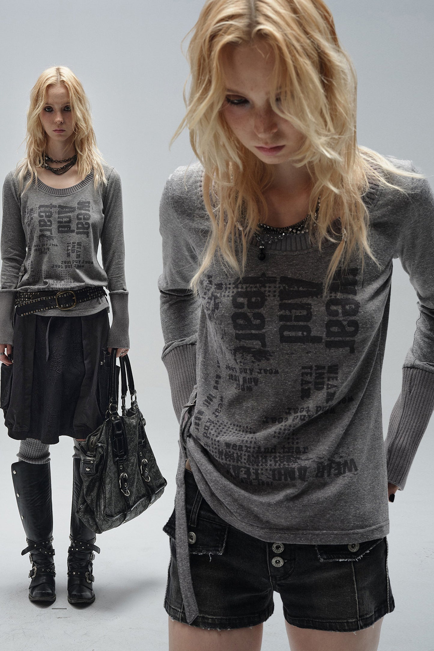 T-Shirt mit Rundhalsausschnitt, Patchwork-Ärmeln und Kordelzugsaum