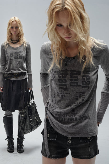 T-Shirt mit Rundhalsausschnitt, Patchwork-Ärmeln und Kordelzugsaum