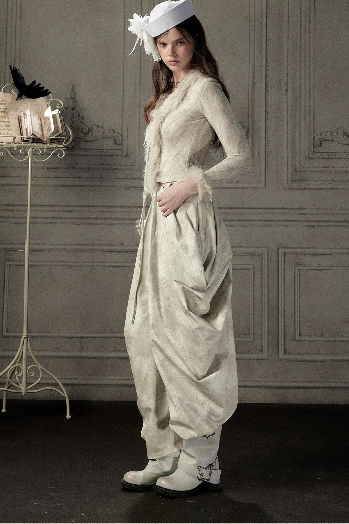 Beige Asymmetrical Stacked Long Pants