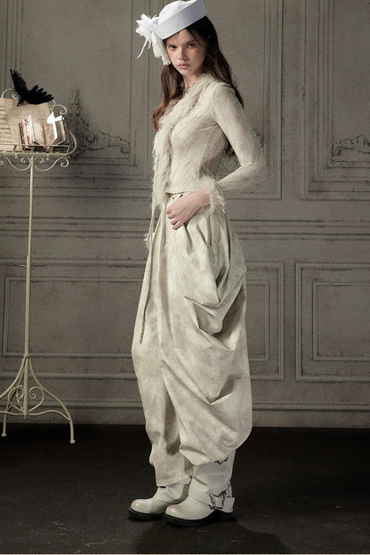 Beige Asymmetrical Stacked Long Pants