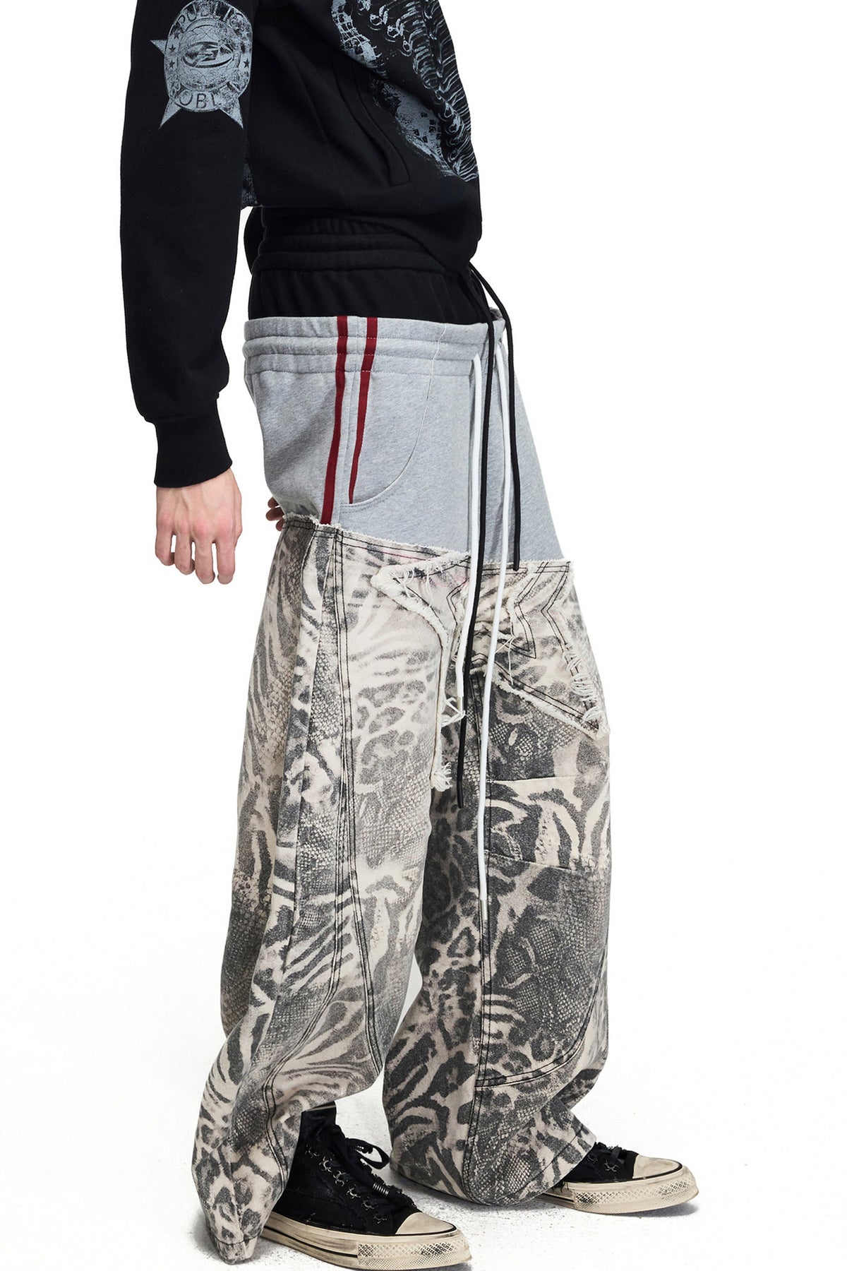 Black White Color-Block Curved Hem Pants