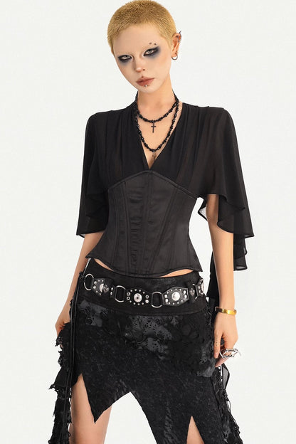 Elegant Structured Black V-Neck Blouse
