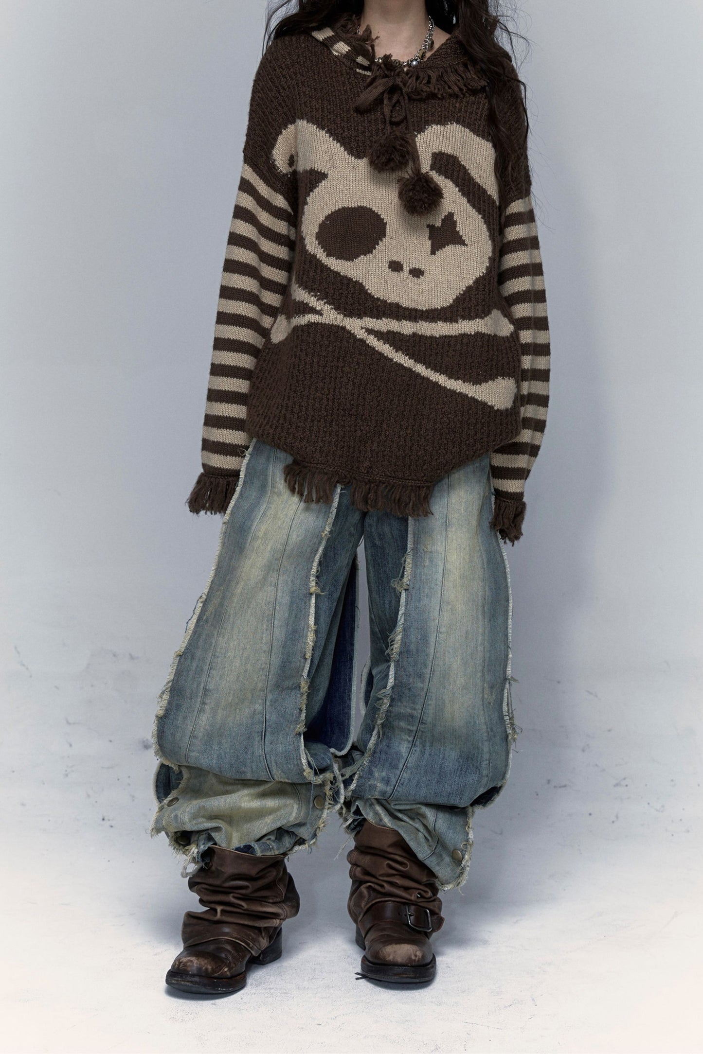 Skull Rabbit Hooded Knit Blouse