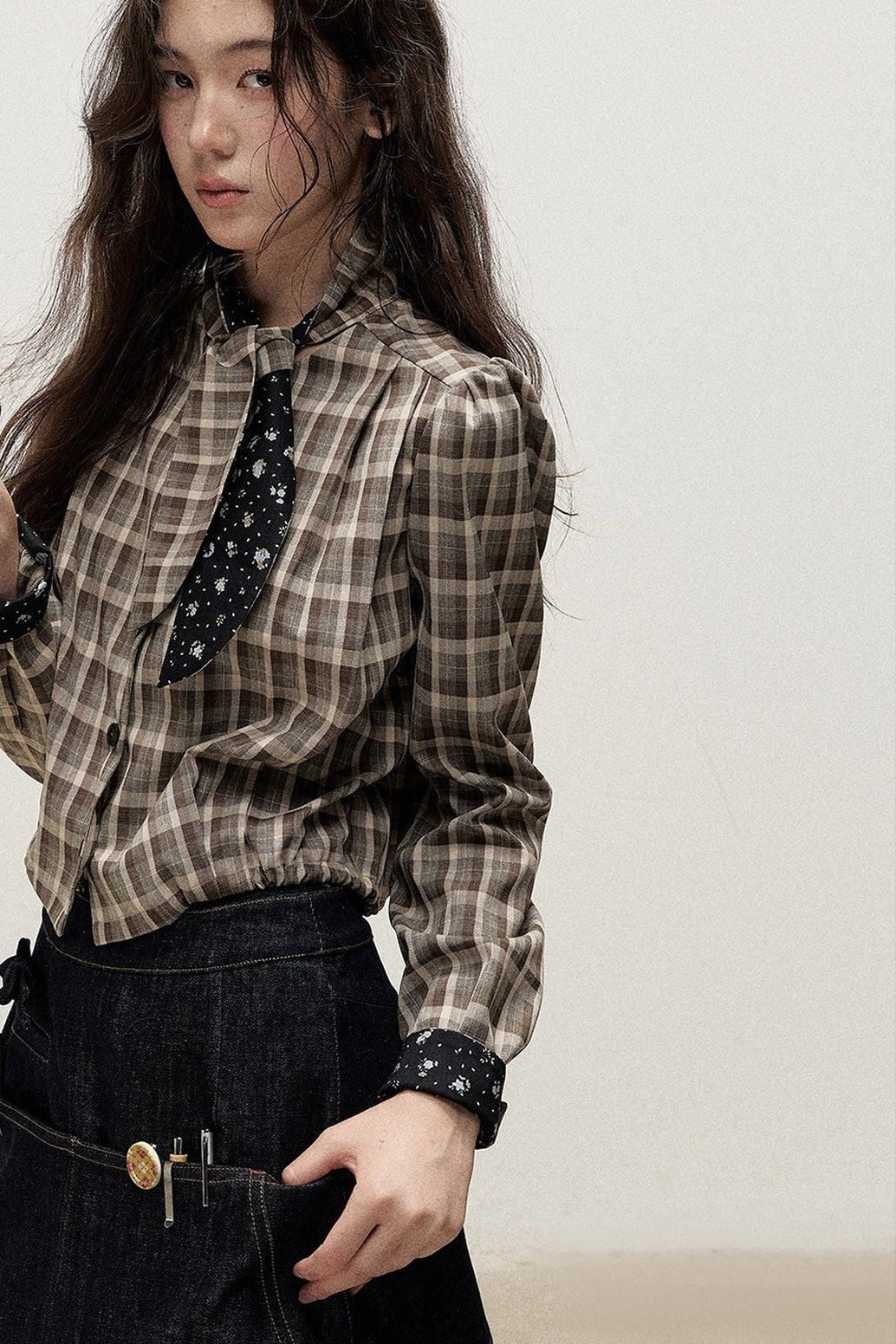 Plaid Contrast Ribbon Shirt and Skirt Set-Up