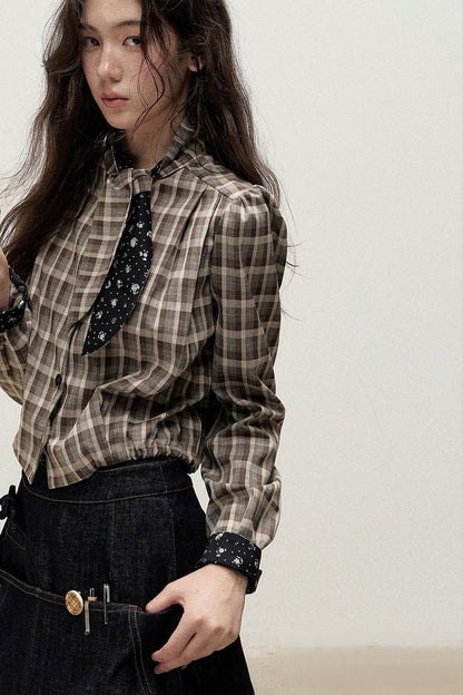 Plaid Contrast Ribbon Shirt and Skirt Set-Up