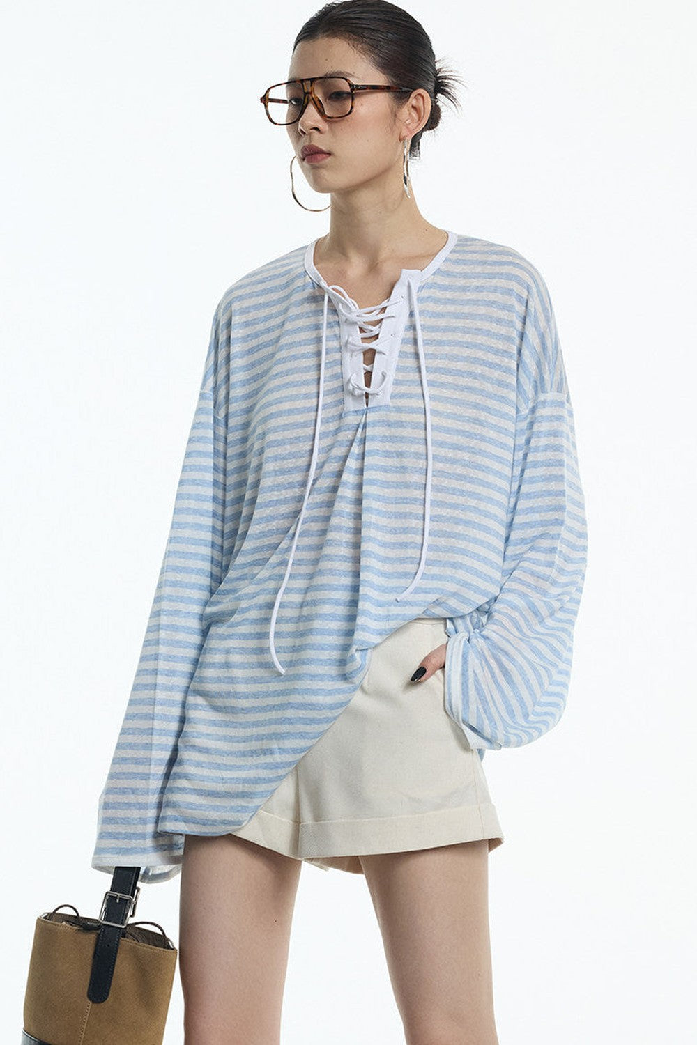 Navy Blue Tie-Neck Lyocell Top