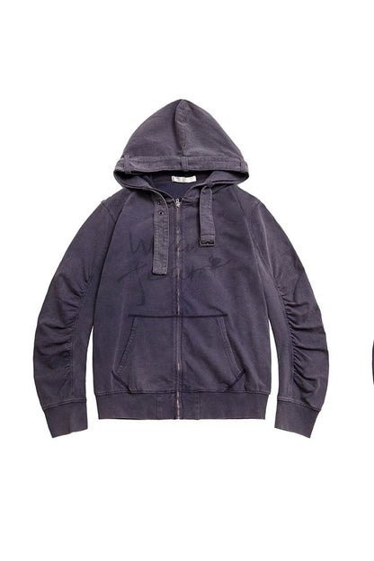 Sand-Washed Topstitched Ruched Hooded Strap Cardigan