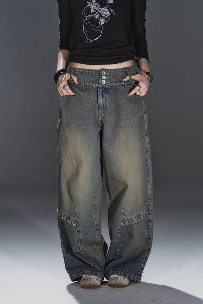 Waist Rivet Split Wide-Leg Denim Jeans