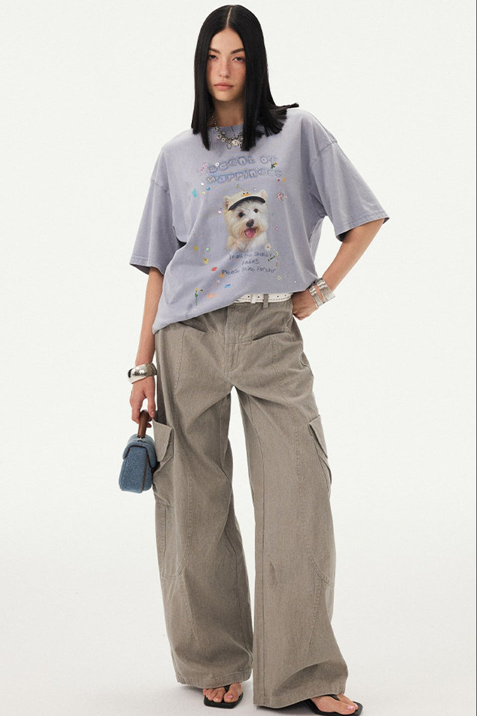 Rhinestone Cartoon Dog Drop Shoulder T-Shirt