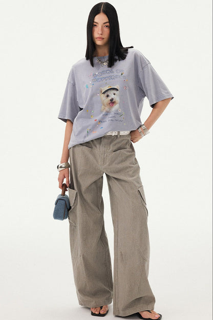 Rhinestone Cartoon Dog Drop Shoulder T-Shirt