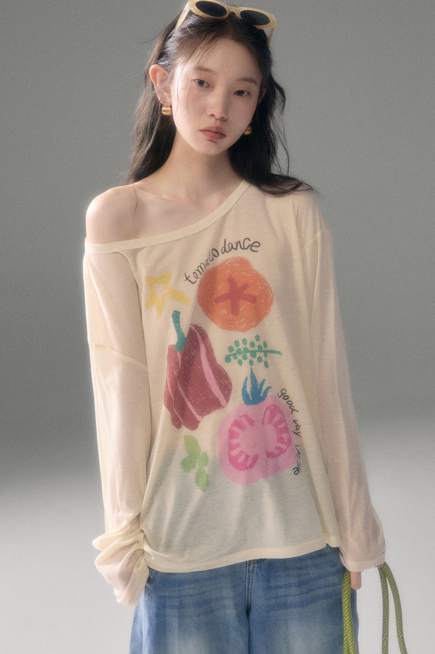 Long-Sleeve Fruit Vegetable Dog Print T-Shirt Set-Up
