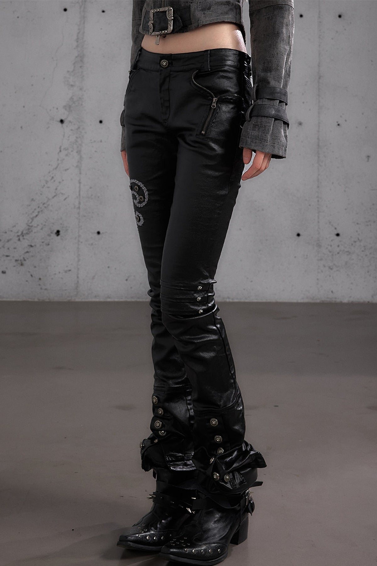 Punk Rock Embroidered Waxed Leather Pants