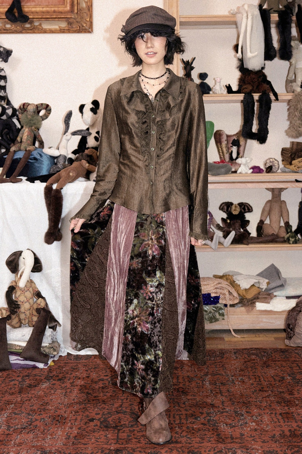 Ruffled Acetate Chiffon Shirt and Skirt Set-Up