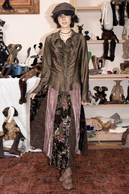 Ruffled Acetate Chiffon Shirt and Skirt Set-Up