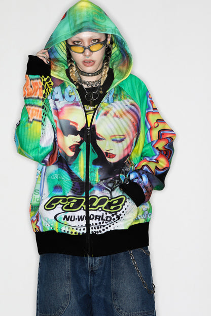 Y2K Alien Rave Print Hooded Jacket