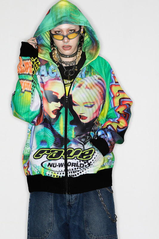 Y2K Alien Rave Print Hooded Jacket