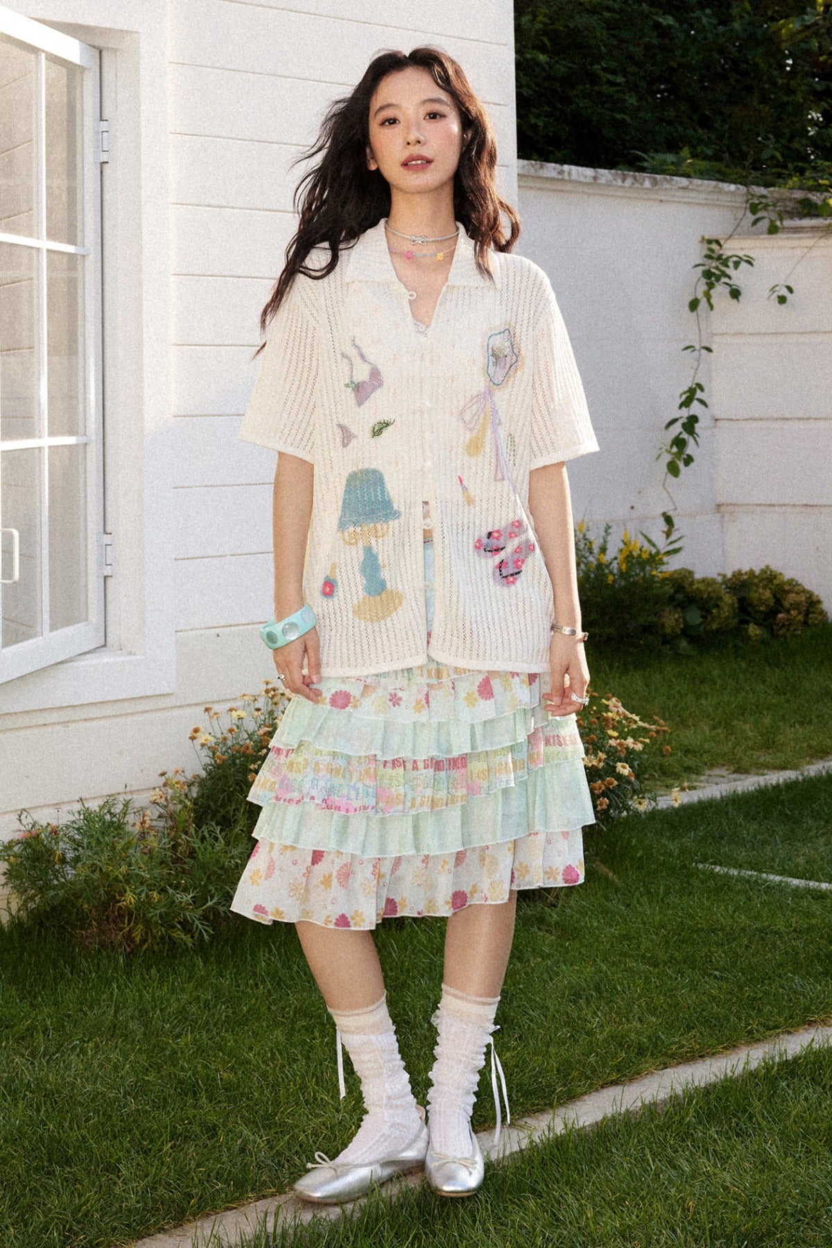 Perforated Long-Sleeved Vertical Stripe Printed Knit Set-Up