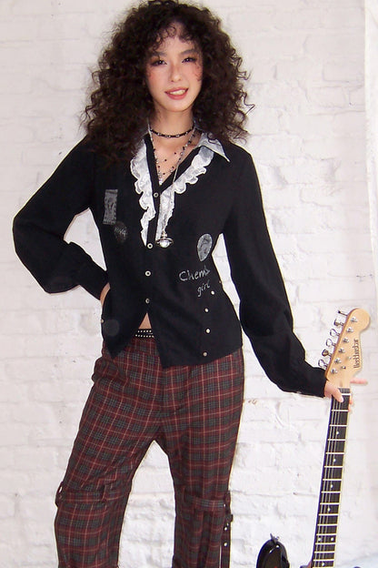 Bluse mit Spitzen- und Blumen-Patchwork
