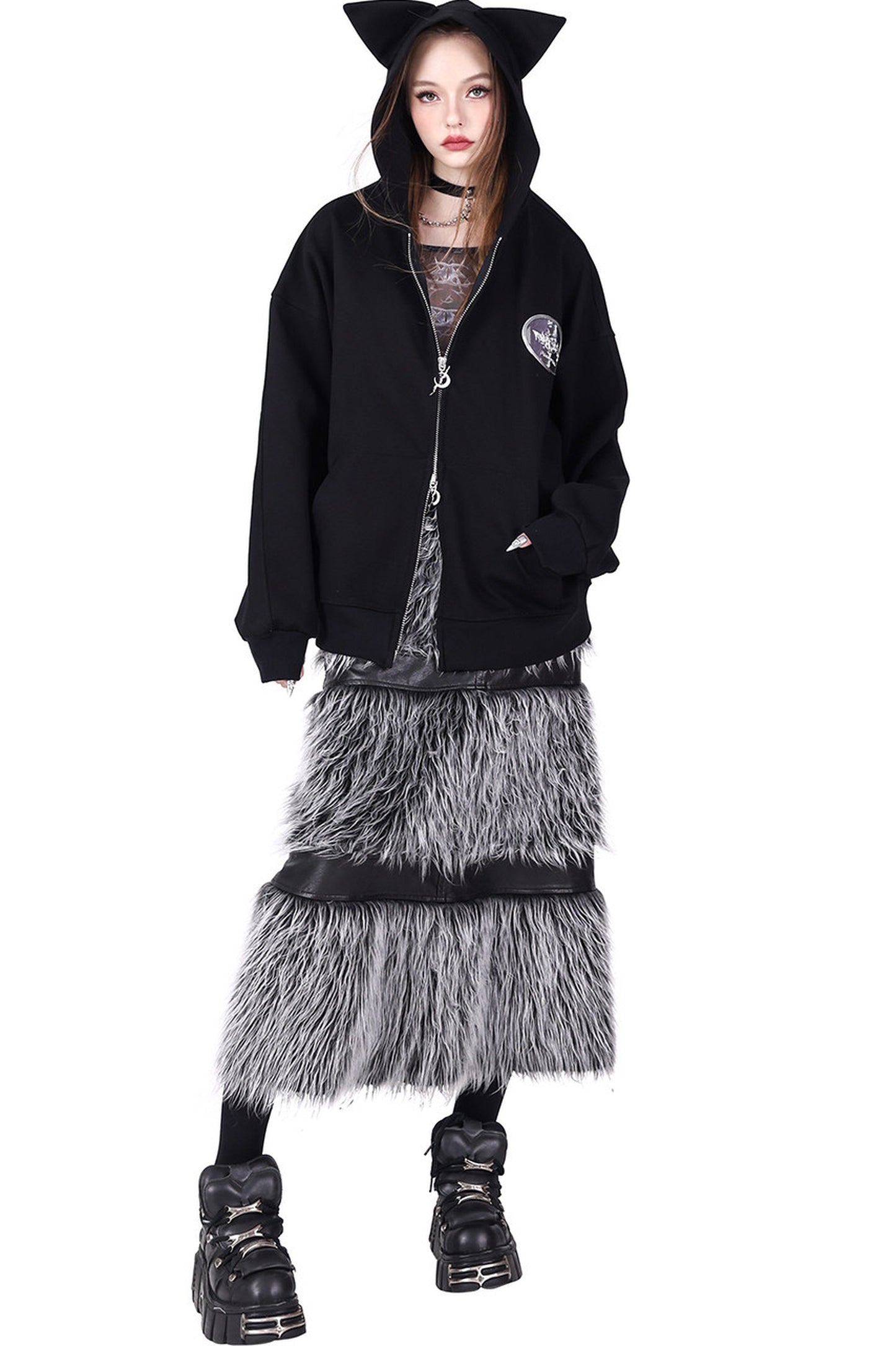 Cat Ear Double Zipper Hooded Jacket