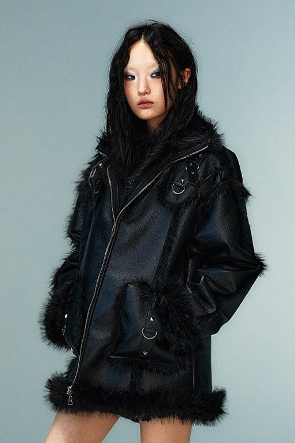 Dark Punk Metal Leather Fur Jacket