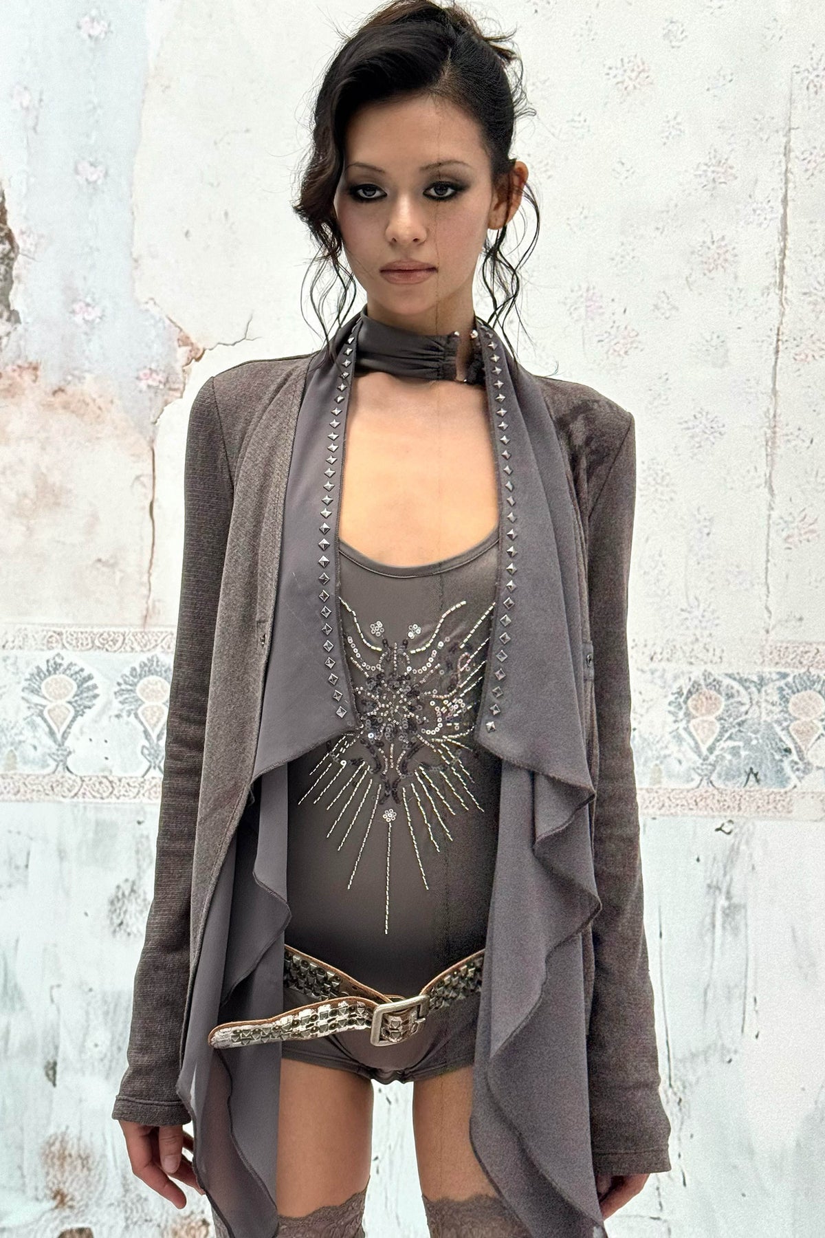 Layered-Look Knit Chiffon Cardigan