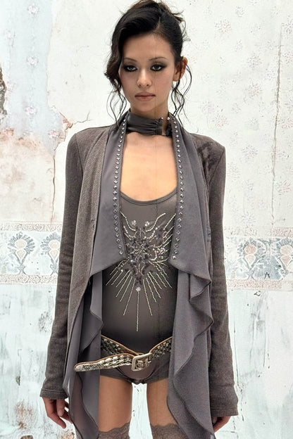 Layered-Look Knit Chiffon Cardigan
