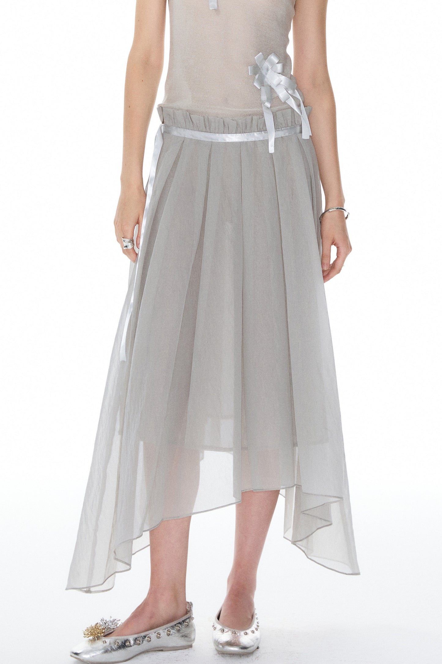Satin Ribbon Knit Vest & Pleated Skirt Set