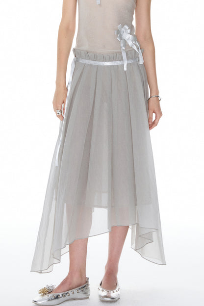 Satin Ribbon Knit Vest & Pleated Skirt Set