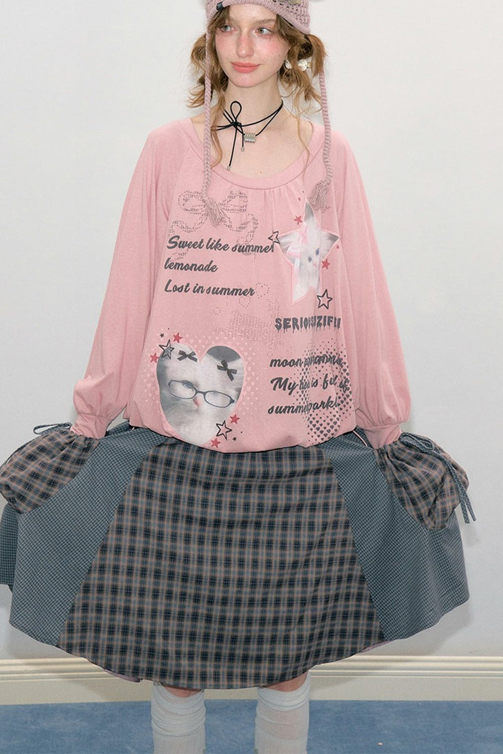 Tee-shirt rose à imprimé chat et manches lanterne