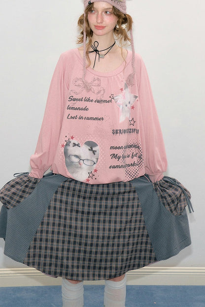 Tee-shirt rose à imprimé chat et manches lanterne