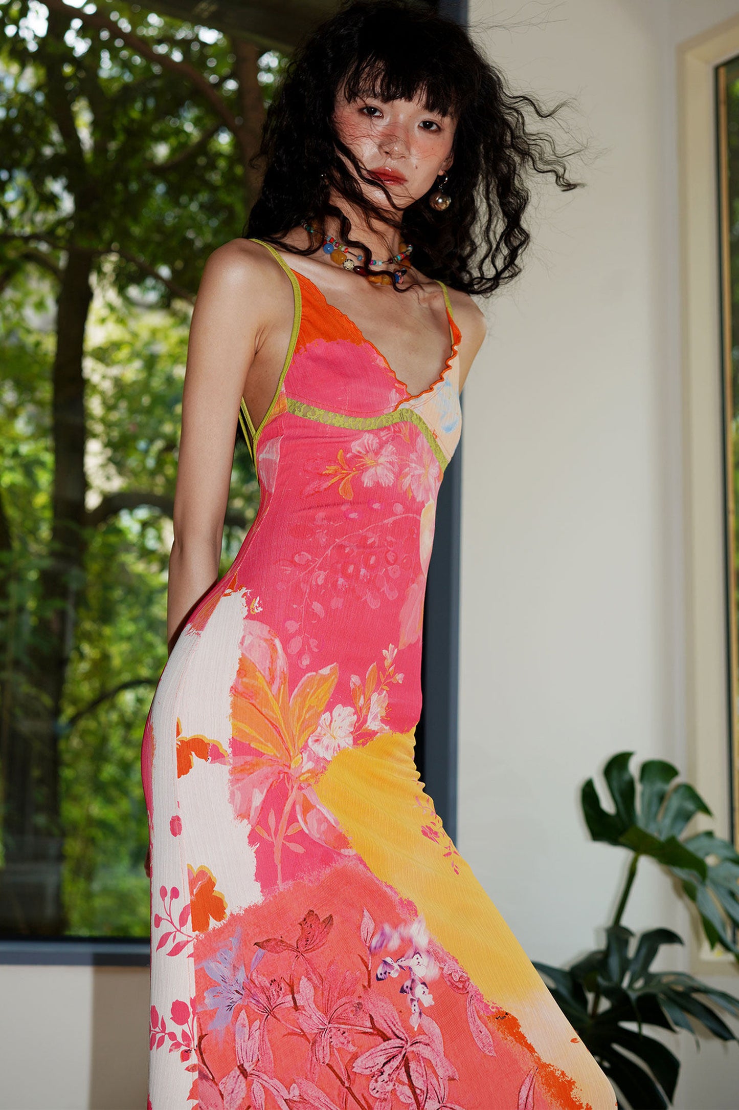 Chinese Print Lace Slip Dress