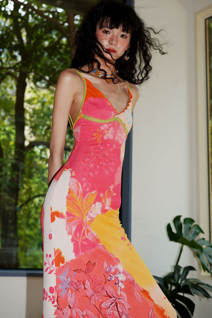 Chinese Print Lace Slip Dress