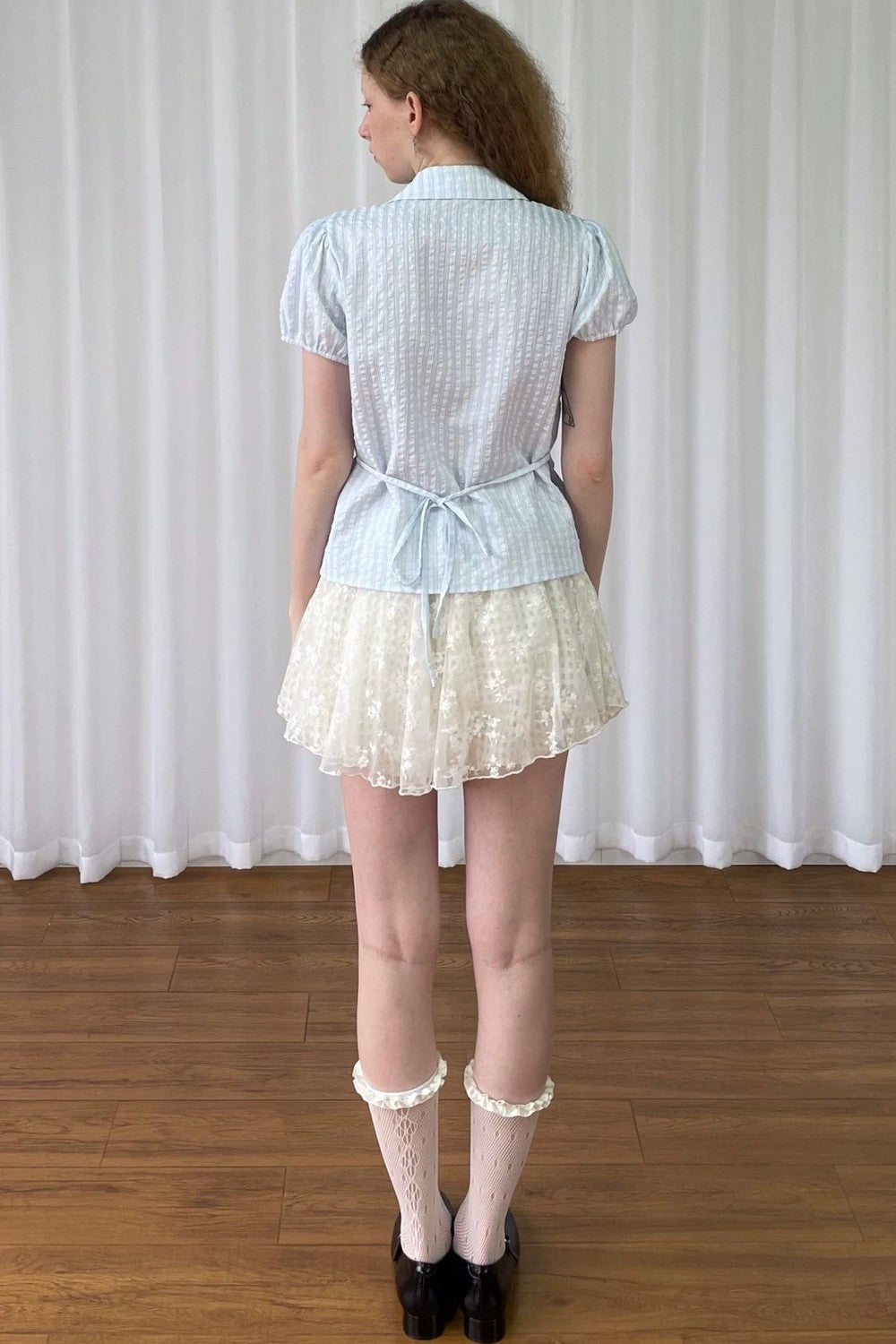 Blue Plaid Polka Dot Puff Sleeve Blouse