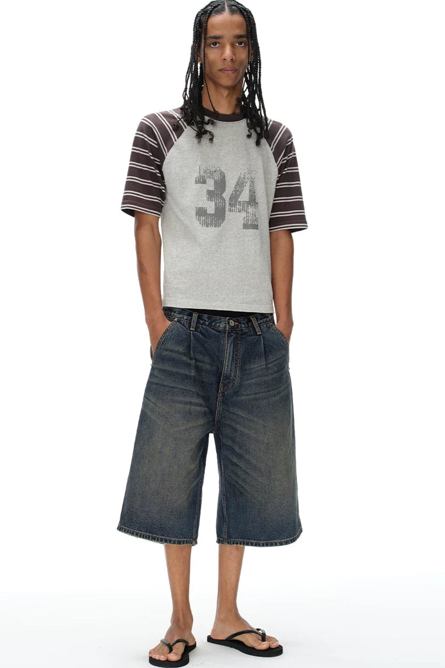 Pleated Distressed Denim Shorts