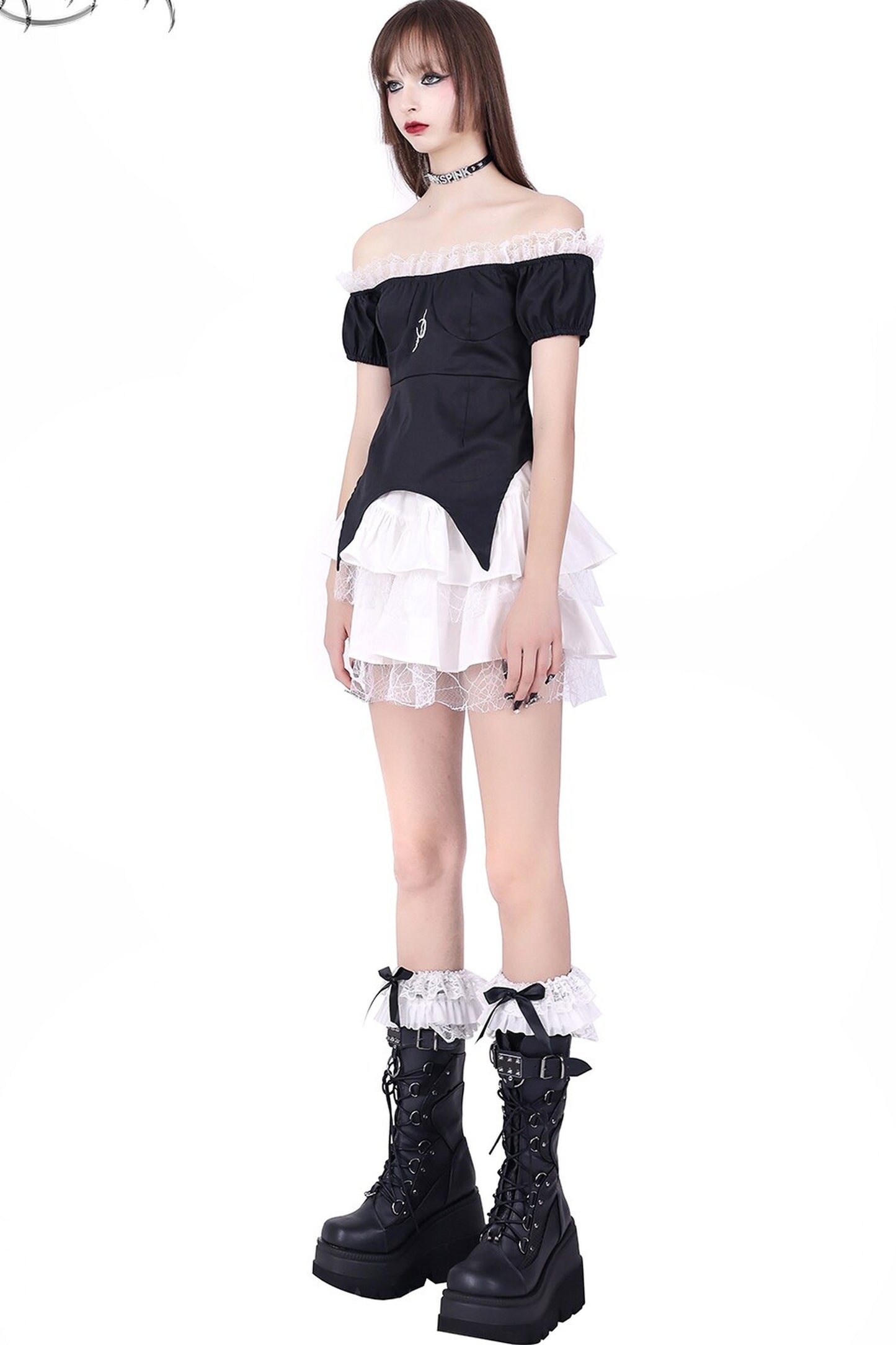 Detachable Dark Lolita Off-Shoulder Bow Top and Skirt Set